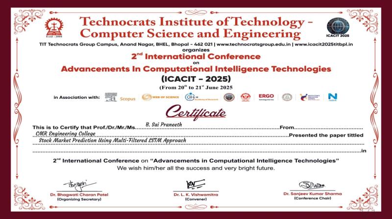 Conference certificate for Stock Market Prediction paper